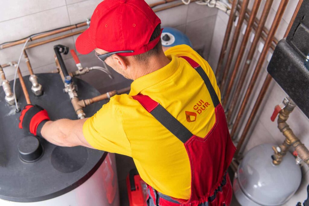 tecnico de cuidur revisando la caldera de gas